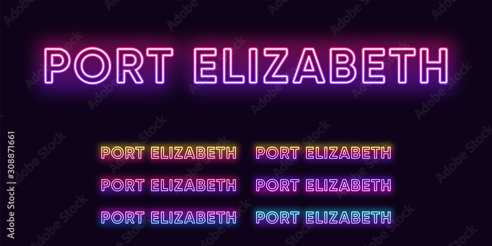 Neon Port Elizabeth name, City in South Africa. Neon text of Port Elizabeth city. Vector set of glowing Headlines Neon Port Elizabeth name, City in South Africa. Neon text of Port Elizabeth city. Vector set of glowing Headlines