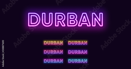 Neon Durban name, City in South Africa. Neon text of Durban city. Vector set of glowing Headlines
