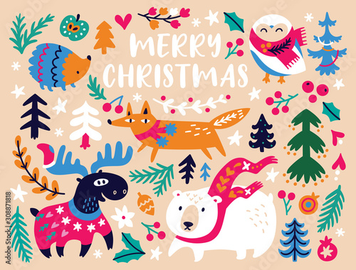 Fototapeta Naklejka Na Ścianę i Meble -  Christmas card design template with cozy animals and bright decorative elements. Vector illustration