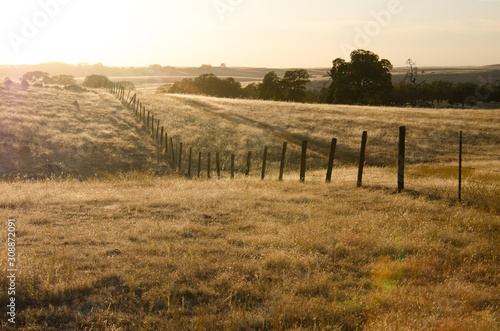 Wood post fence in grass pasture .