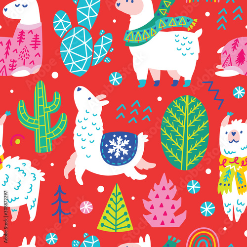 Seamless winter pattern with cute llamas or alpacas isolated on red background