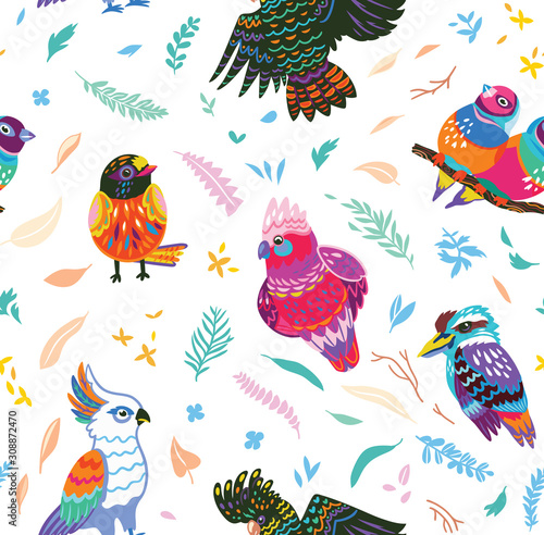 Birds of Australia seamless pattern in vector