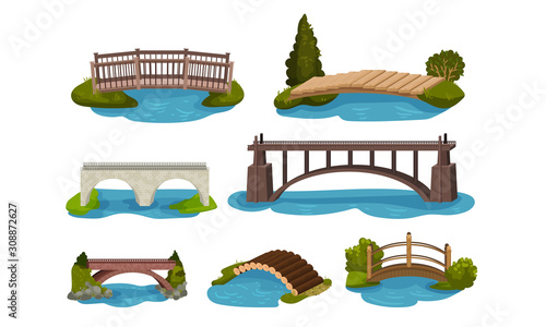Different Bridges Collection, Wooden and Concrete Footbridges Vector Illustration