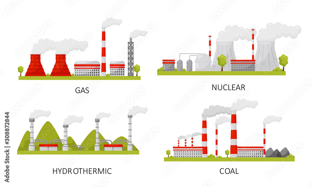 Modern Power Plants Collection, Gas, Nuclear, Hydrothermal, Coal Industrial Factory Buildings Vector Illustration