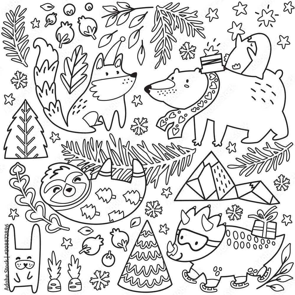 Vector whimsical animal collection in outline. Black and white polar bear, penguin, fox, sloth, dinosaur and other