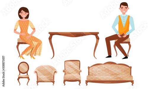 Antique Baroque Furniture Collection, Vintage Interior Luxurious Details and Family Couple in Elegant Clothes Vector Illustration