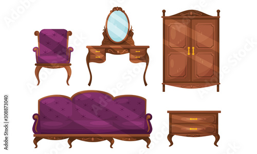 Antique Baroque Furniture Collection, Vintage Interior Details Vector Illustration