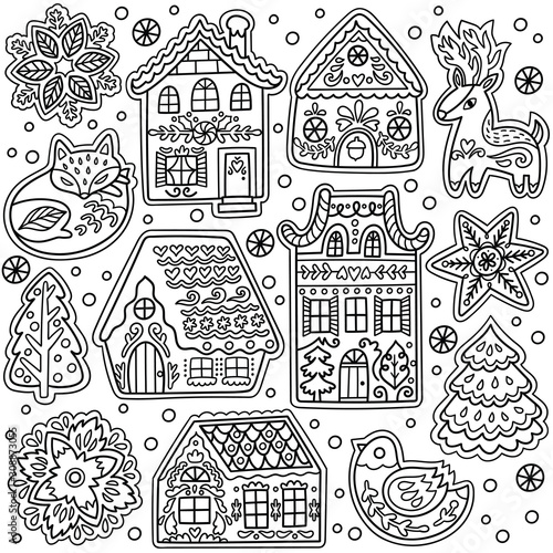 Ink gingerbread coockies houses collection in vector