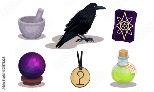 Magic Objects Collection, Witchcraft Symbols, Raven, Mortar and Pestle, Amulet, Flask of Potion, Msgic Ball Vector Illustration
