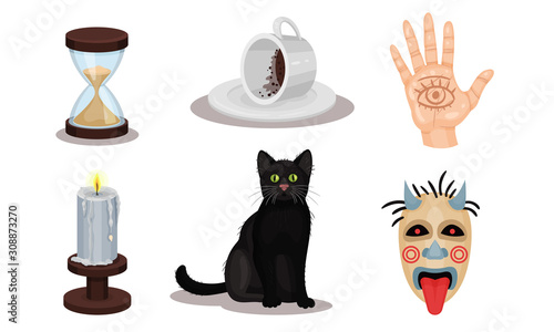 Magic Objects Collection, Witchcraft Symbols, Hourglass, Palm with Seeing Eye, Black Cat, Candle, Mask Vector Illustration