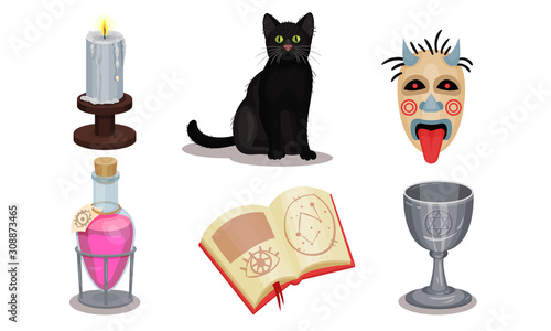 Magic Objects Collection, Wizardry and Witchcraft Symbols, Book, Flask of Potion, Black Cat, Candle, Mask Vector Illustration
