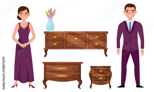 Antique Baroque Furniture Collection, Vintage Interior Details and Family Couple in Elegant Clothes Vector Illustration