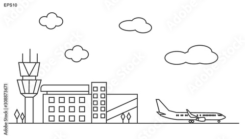 Airport. Lineart black and white vector illustration with air terminal and airplanes.