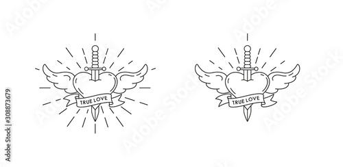 Set of black and white illustrations of a heart with a dagger and wings in the rays and a ribbon with text on a white background. Vector illustration on the theme of love and Valentine's Day.