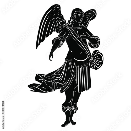 Isolated vector illustration. Baroque angel. Winged male character. Black and white linear silhouette.	