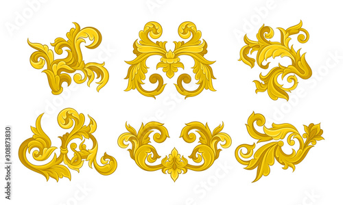 Golden Monogram with Floral Ornament Collection, Ancient Baroque Vignettes Vector Illustration