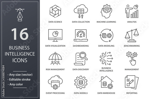 Business Intelligence line icons set. Black vector illustration. Editable stroke.