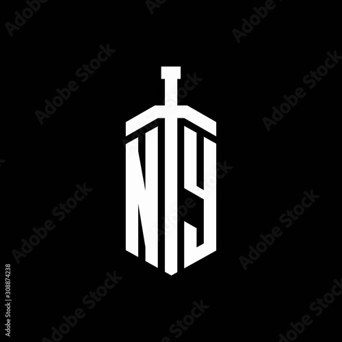 NY logo monogram with sword element ribbon design template
