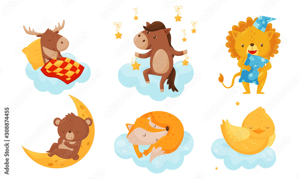 Obraz premium Cute Little Animals Sleeping Under Starry Sky Resting on Clouds Vector Set