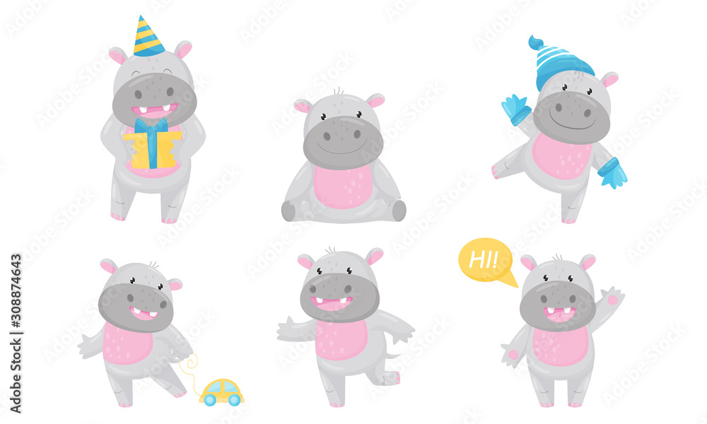 Cartoon Hippo Boy Character Holding Gift Box and Playing with Toy Car Vector Set Cartoon Hippo Boy Character Holding Gift Box and Playing with Toy Car Vector Set