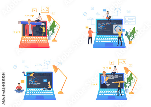 Coding and programming set. Developers writing application codes on laptop. Flat vector illustrations. Information technology concept for banner, website design or landing web page
