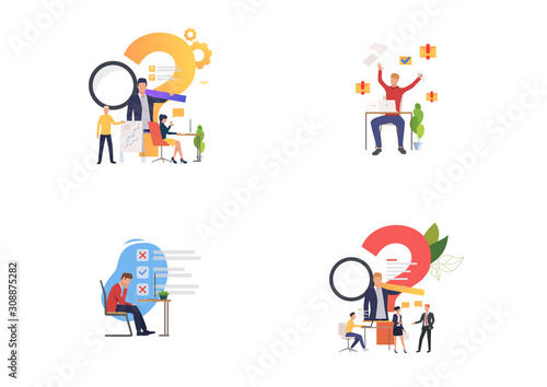 Consulting and support set. Consultant answer questions, managers making mistakes. Flat vector illustrations. Business, help, advice concept for banner, website design or landing web page