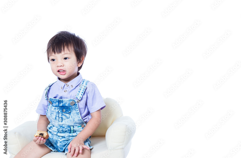 Children sitting on the chair and holding food. Children sitting on the chair and holding food.