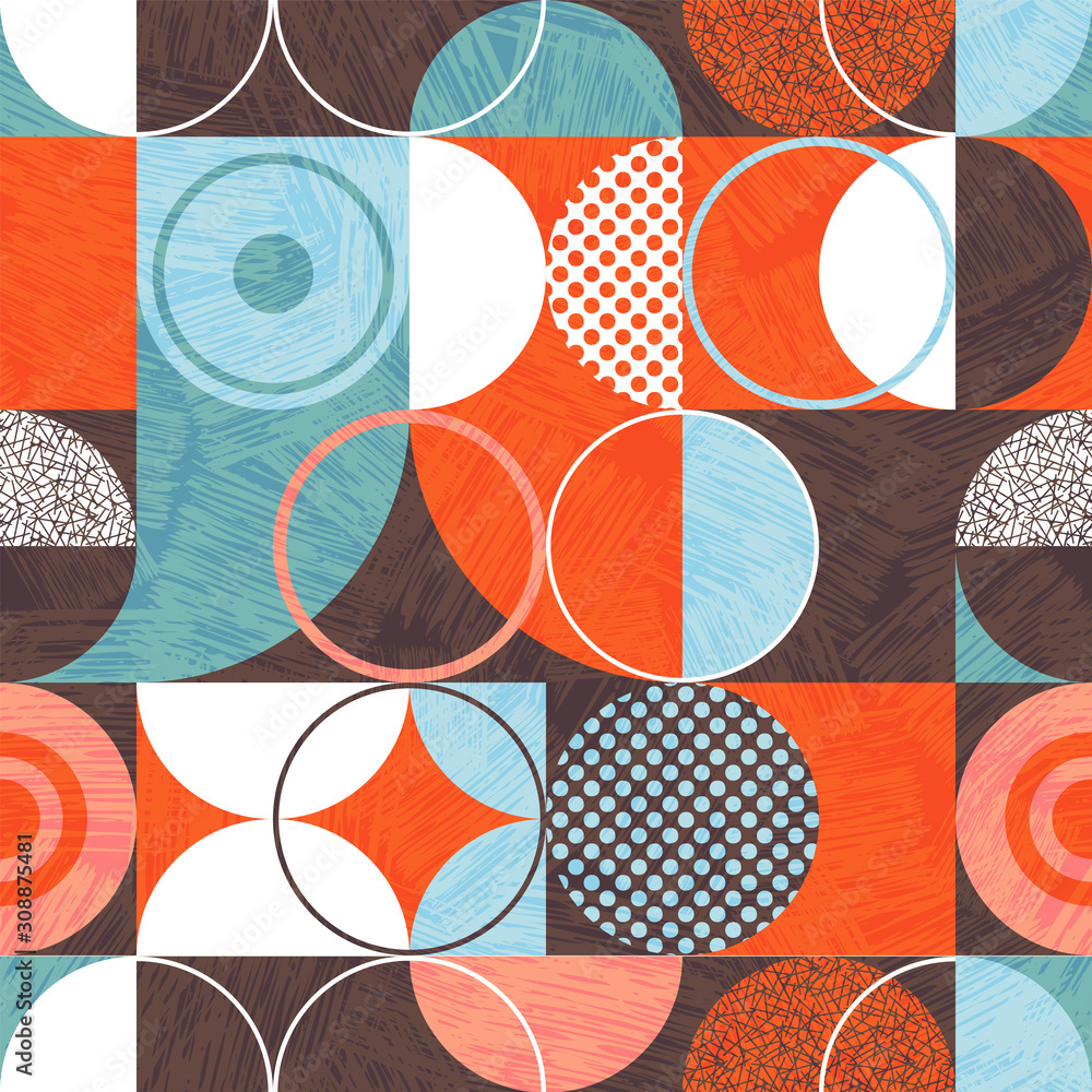 Fototapeta Seamless abstract geometric modern pattern. Retro bauhaus design of circles, squares and textures. Use for backgrounds, fabric design, wrapping paper, scrapbooks and covers. Vector illustration.
