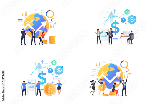 Finance management set. Business people celebrating success, analyzing financial diagrams. Flat vector illustrations. Business, investment concept for banner, website design or landing web page