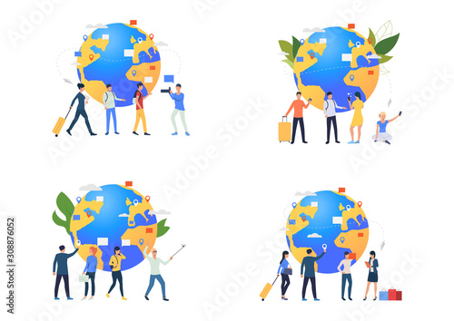 Tourists and passengers set. Travelers holding luggage, taking pictures at globe with pointers. Flat vector illustrations. Travel, vacation concept for banner, website design or landing web page