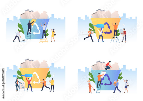 Waste sorting set. Volunteers carrying garbage to trash bins. Flat vector illustrations. Nature care, recycling concept for banner, website design or landing web page