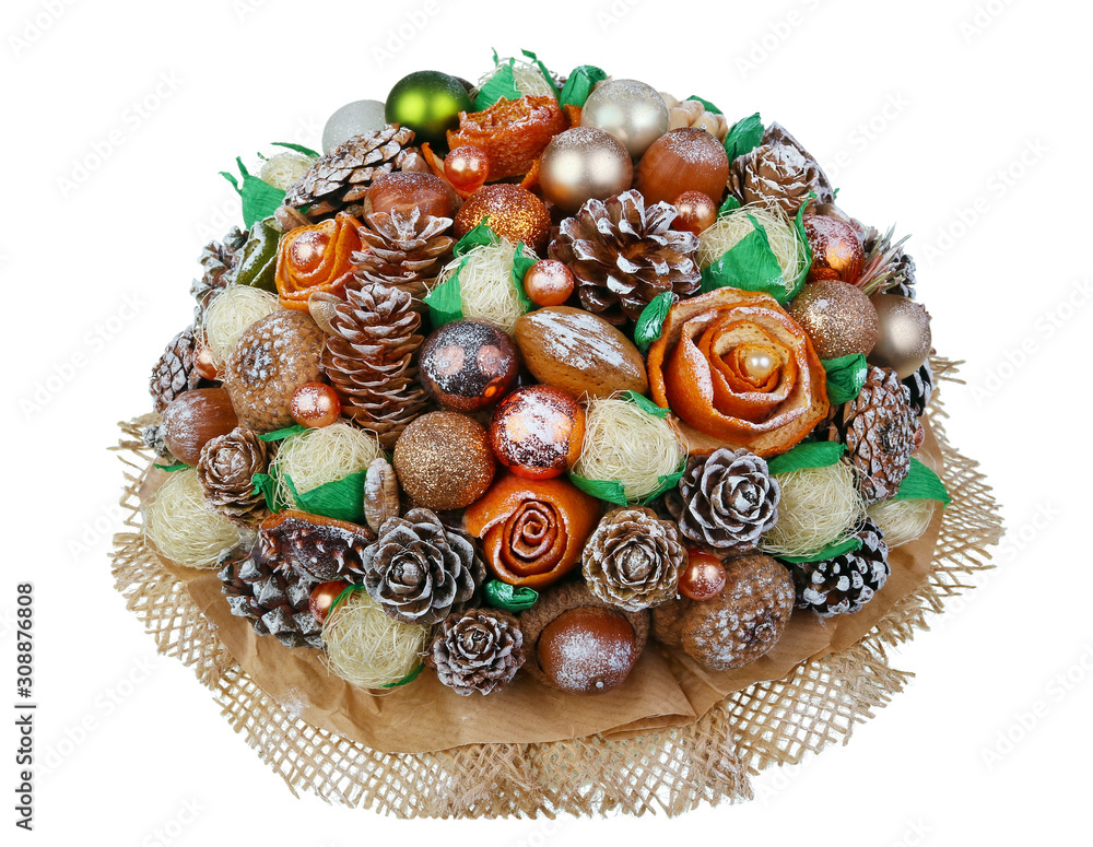 Christmas  homemade wreath bouquet  made of natural forest objects - cones, acorns and nuts isolated macro  isolated macro