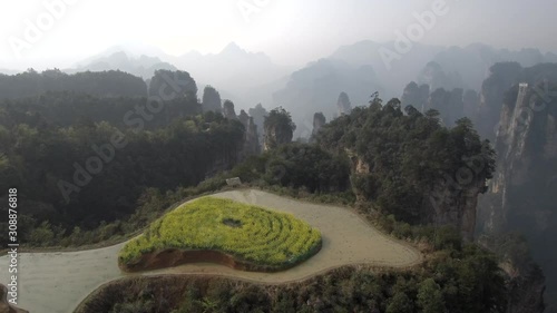 Drone footage of small colorful field and tall rock pillars with Bailong elevator in the background in Zhangjiajie National Forest Park also known as Wulingyuan Scenic Area in China. 