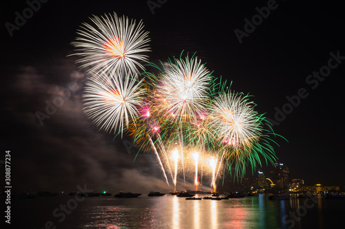 Beautiful sparkling colorful fireworks (Gold,Pink, Green) look like beautiful flower at night sky with cityscape and sea background