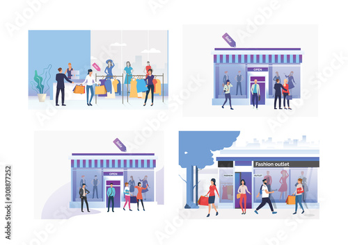 Set of people going shopping. Flat vector illustrations of woman shopping in boutiques. Shopping concept for banner, website design or landing web page