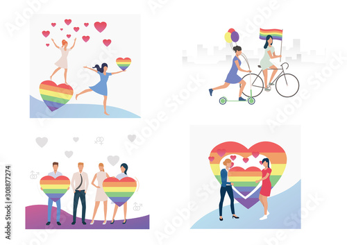 Set of people participating in gay pride parade. Flat vector illustrations of homosexuals with rainbow flags. LGBT concept for banner, website design, landing web page