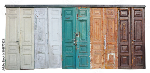 Collection of old vintage retro wooden doors isolated