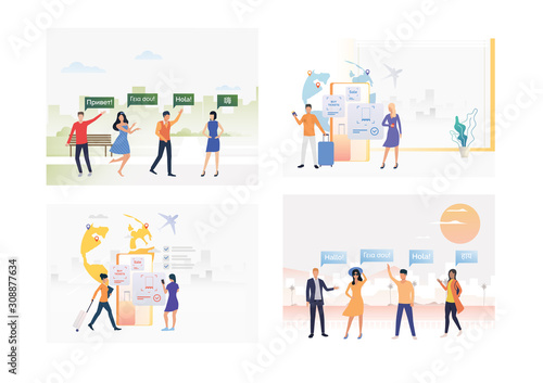Set of tourists waving hands and practicing foreign languages. Flat vector illustrations of cartoon characters speaking various languages. Travel concept for banner, website design or landing web page