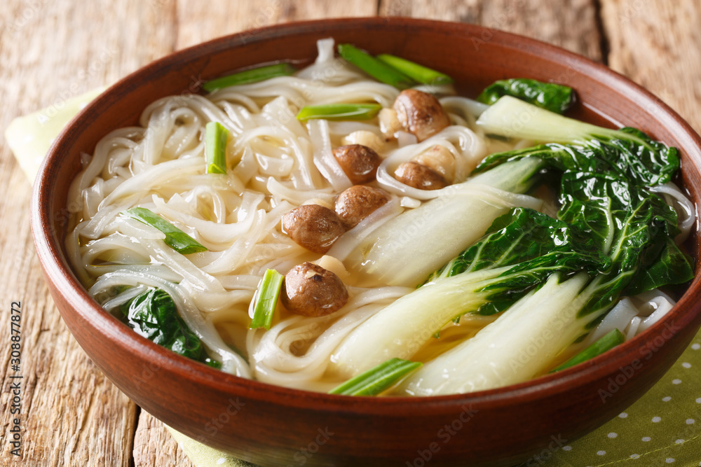 Chinese noodle soup with mushrooms, onions and bok choy closeup in a bowl on the table. horizontal Chinese noodle soup with mushrooms, onions and bok choy closeup in a bowl on the table. horizontal