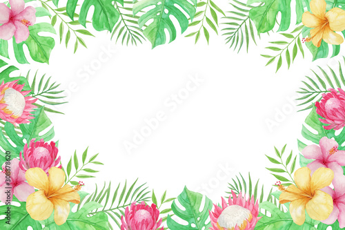 Colorful Tropical Background with Protea, hibiscus, Monstera and Palm leaves