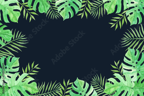 Greenery Tropical Background with Monstera and Palm Leaves