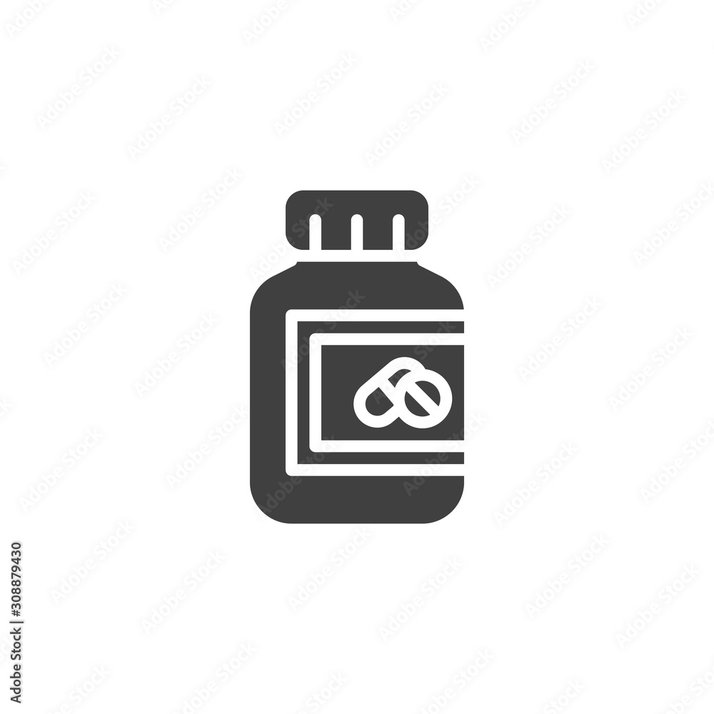 Sport nutrition supplement vector icon. filled flat sign for mobile concept and web design. Pills jar glyph icon. Symbol, logo illustration. Vector graphics Sport nutrition supplement vector icon. filled flat sign for mobile concept and web design. Pills jar glyph icon. Symbol, logo illustration. Vector graphics