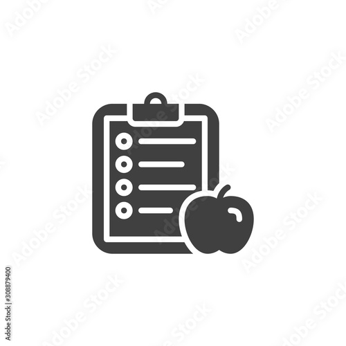 Diet planning list vector icon. Apple and paper clipboard filled flat sign for mobile concept and web design. Healthy food plan checklist glyph icon. Symbol, logo illustration. Vector graphics