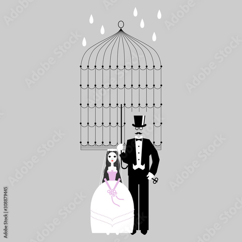 Victorian couple. Gentleman holding umbrella over his bride. Protection as prison. Concept of patriarchal marriage. Metaphor for relationship of bondage.