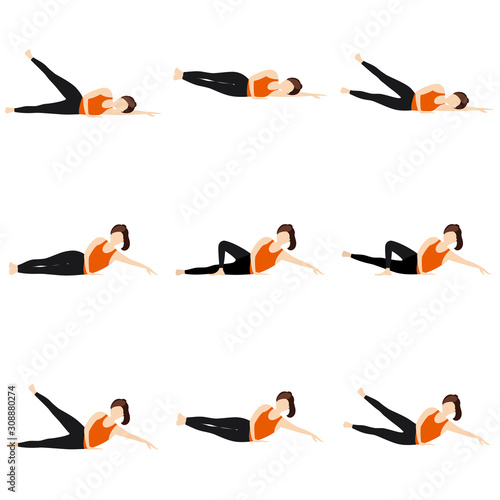 Dwi pada anantasana variations yoga asanas set/ Illustration stylized woman practicing side reclining leg raised