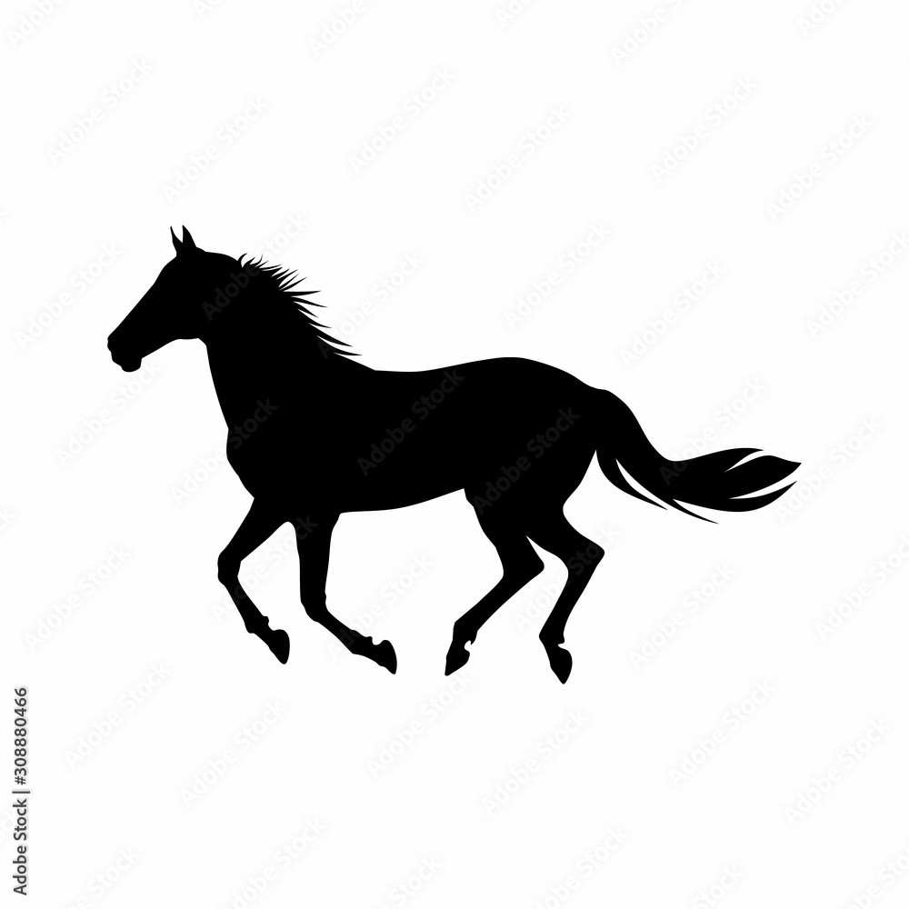 Running horses black silhouette. Equine vector illustration. 
