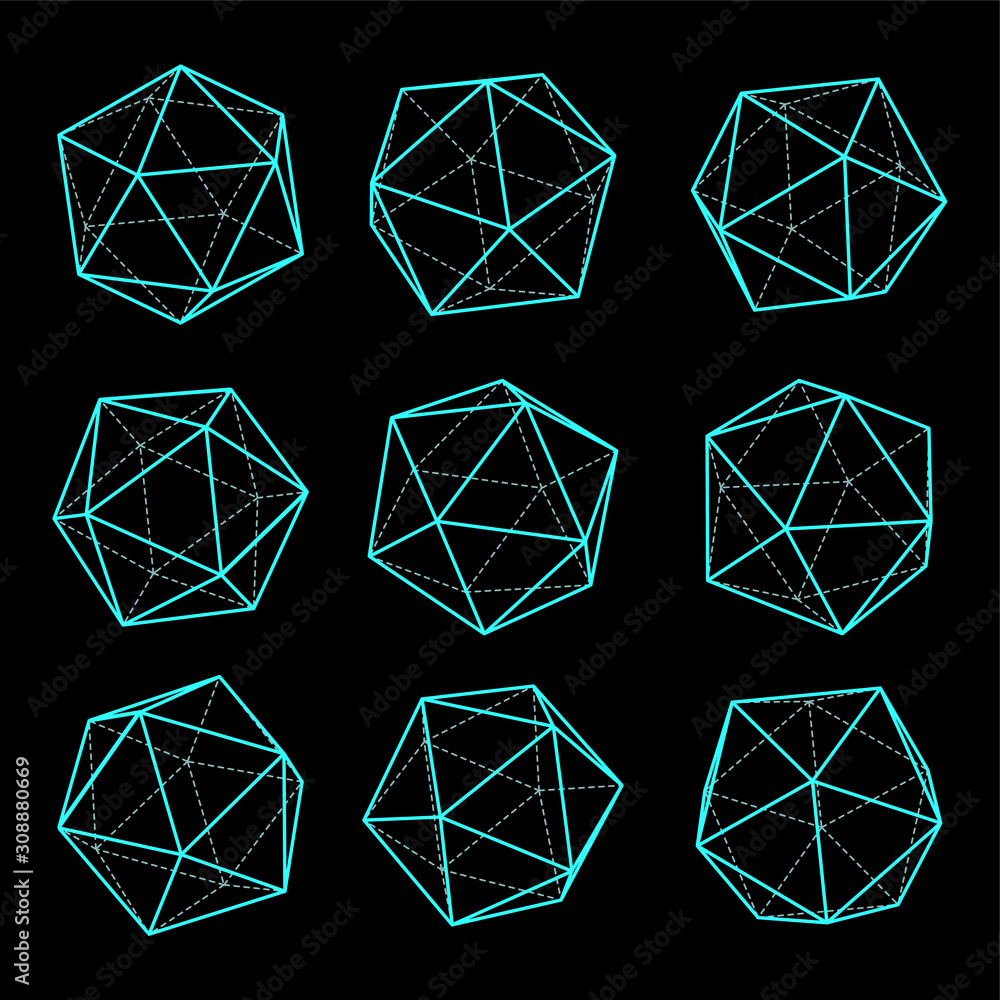 Icosahedrons 3d forms vector set. Volumetric geometric shapes polyhedrons. Icosahedrons 3d forms vector set. Volumetric geometric shapes polyhedrons.