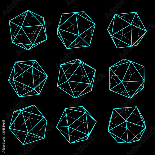 Icosahedrons 3d forms vector set. Volumetric geometric shapes polyhedrons. photo