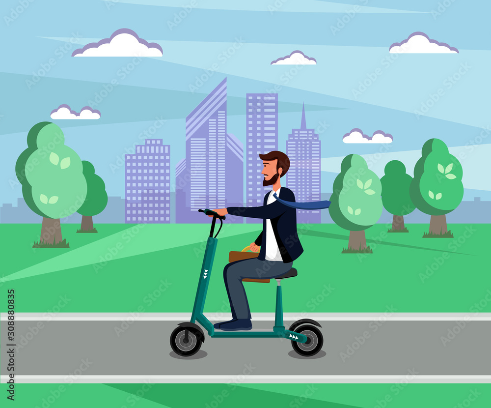 Businessman riding electric scooter illustration. Corporate worker on self balancing urban transport cartoon character. Man in formal suit isolated Businessman riding electric scooter illustration. Corporate worker on self balancing urban transport cartoon character. Man in formal suit isolated