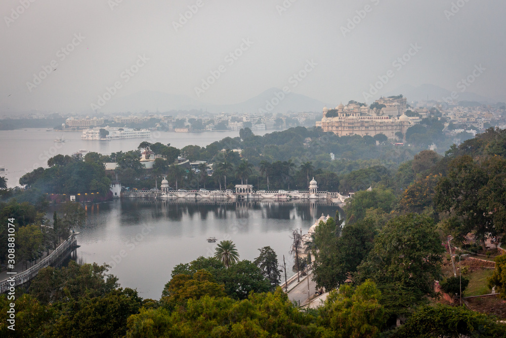 View over the Pichola lake and the city palace of Udaipur from the ropeway, Rajasthan, India